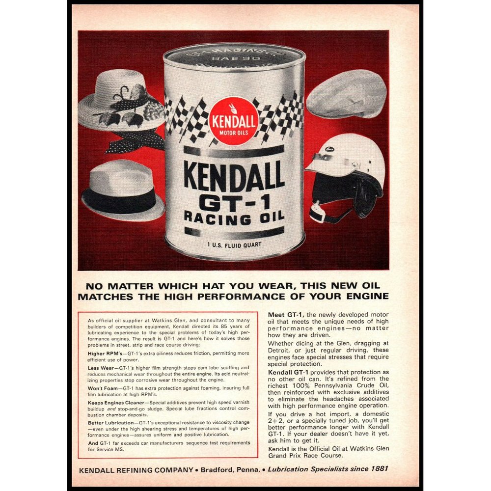 1966 Kendall GT-1 Racing Motor Oil Can Vintage Print Ad Hat Helmet Wall Art 60s